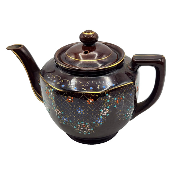 Vtg Hand Painted Teapot Redware Japan Moriage Brown Orange Blue Gold Trim 6.5x8 - Picture 2 of 14
